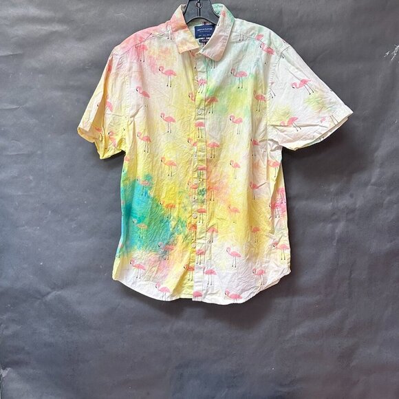 Denim & Flower NWT Tie Dyed Pink Flamingos Cotton Aloha Shirt Size Large Hawaii - Picture 8 of 8